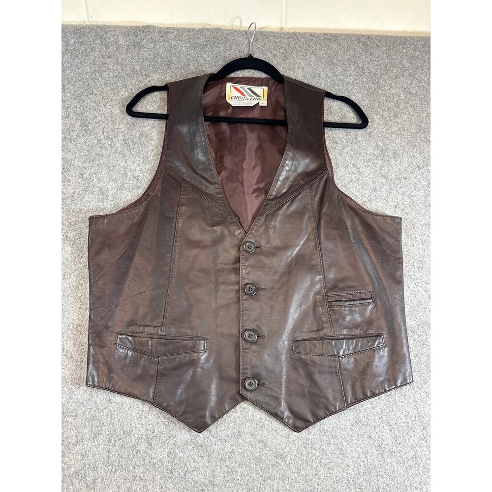 VTG 80s Chess King Mens Leather Western Biker Vest Brown Sleeveless Jacket Large